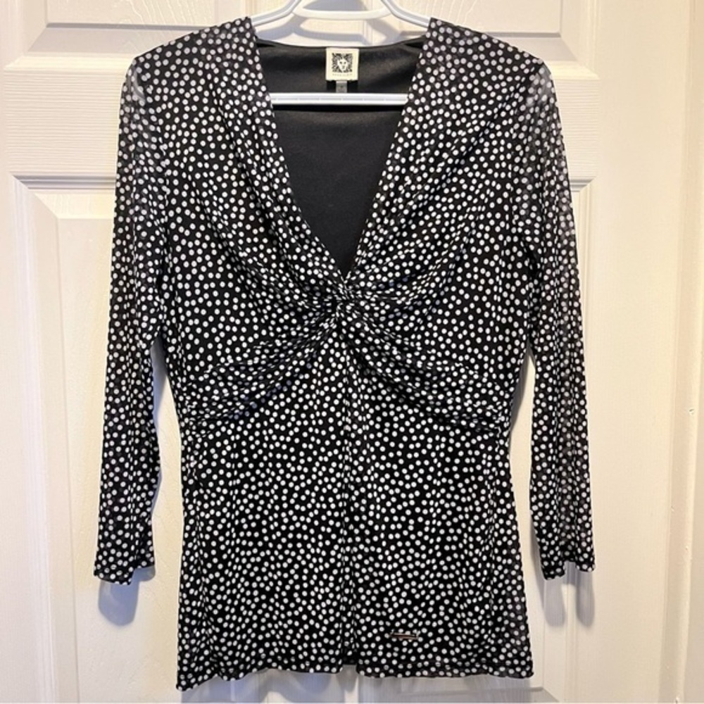 3/25$💥 Anne Klein blouse top shirt dot print black white Women Medium v neck